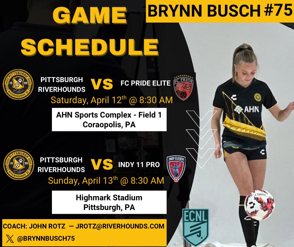 Brynn Busch | 2029 | ECNL (@brynnbusch75) on Twitter photo Game weekend at home!! Come watch my 2010 <a href="/HoundsAcademy/">The Riverhounds Academy</a> team play ⚽️
📍4/12 at <a href="/AHNMontourSC/">AHN Montour Sports Complex</a> &
📍4/13 <a href="/highmarkstadium/">Highmark Stadium</a>
<a href="/ECNLOhioValley/">ECNL Ohio Valley Conference</a> <a href="/ImYouthSoccer/">ECNL/GA/Recruiting/College Soccer</a> <a href="/ImCollegeSoccer/">College Soccer Truth ™</a> <a href="/ussoccer/">U.S. Soccer</a> <a href="/PrepSoccer/">Prep Soccer ⚽️</a> <a href="/TheSoccerWire/">SoccerWire</a> <a href="/ECNLgirls/">ECNL Girls</a> <a href="/USYNT/">U.S. Soccer YNT</a> <a href="/houndsspeed/">HoundsSpeed +</a> <a href="/RotzyJ_37/">John Rotz</a> Game weekend at home!! Come watch my 2010 <a href="/HoundsAcademy/">The Riverhounds Academy</a> team play ⚽️
📍4/12 at <a href="/AHNMontourSC/">AHN Montour Sports Complex</a> &
📍4/13 <a href="/highmarkstadium/">Highmark Stadium</a>
<a href="/ECNLOhioValley/">ECNL Ohio Valley Conference</a> <a href="/ImYouthSoccer/">ECNL/GA/Recruiting/College Soccer</a> <a href="/ImCollegeSoccer/">College Soccer Truth ™</a> <a href="/ussoccer/">U.S. Soccer</a> <a href="/PrepSoccer/">Prep Soccer ⚽️</a> <a href="/TheSoccerWire/">SoccerWire</a> <a href="/ECNLgirls/">ECNL Girls</a> <a href="/USYNT/">U.S. Soccer YNT</a> <a href="/houndsspeed/">HoundsSpeed +</a> <a href="/RotzyJ_37/">John Rotz</a>