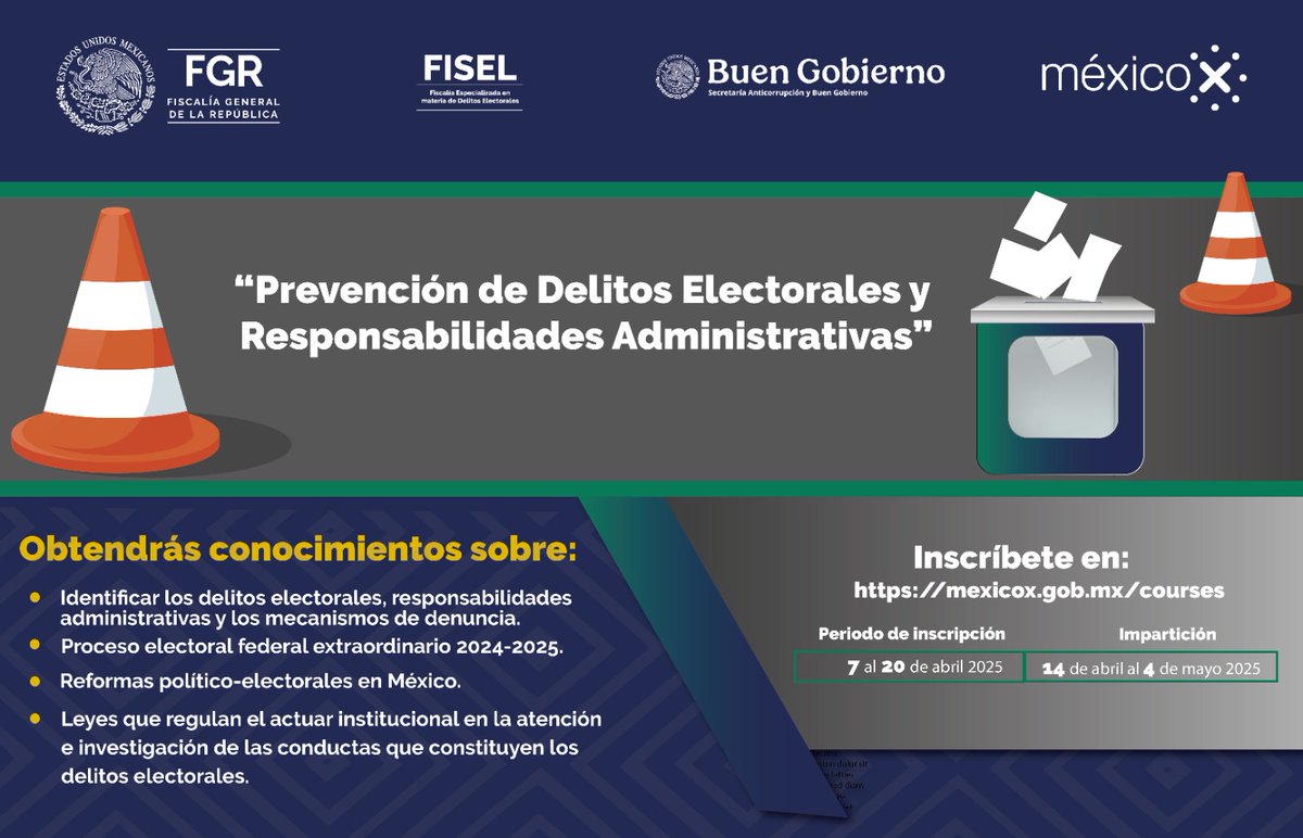 FiscaliaElecMx's tweet photo. La FISEL invita a participar en el curso: “Prevención de los Delitos Electorales y Responsabilidades Administrativas”.

Inscríbete en https://t.co/gdu3EgYj6L del 7 al 20 de abril.

Cero tolerancia a los Delitos Electorales.
#ElecciónPoderJudicial https://t.co/VT1u1GdOHf
