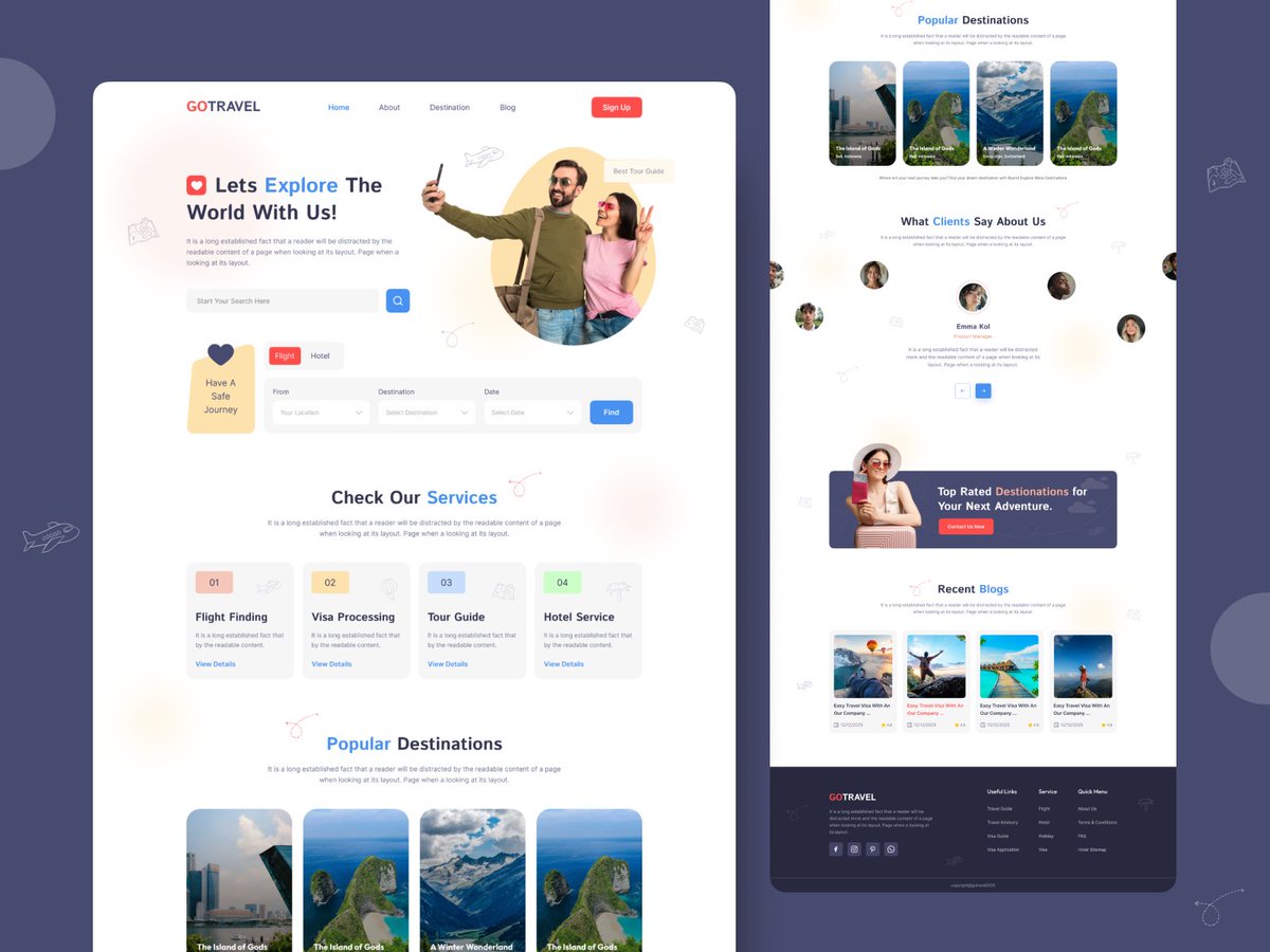 knehad21's tweet photo. GoTravel -Travel Agency Website 🌍✈️

✔️ Smart search &amp; booking system
✔️ Attractive &amp; modern design
✔️ Service highlights for quick access
✔️ Testimonials &amp; blog section

https://t.co/OklQJenIou

#uiuxdesign #uxdesign #ContinuousLearning #knehad21 #TravelAgencyDesign https://t.co/8NfLReu1l7