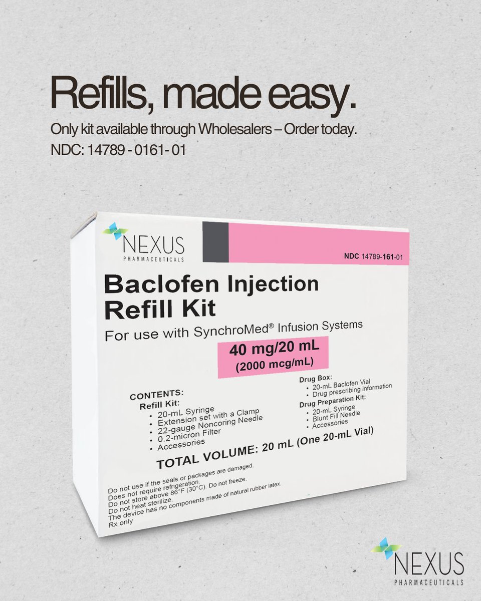 NexusPharmaLLC's tweet photo. Introducing the Baclofen Injection Refill Kit – a convenience kit aimed at enhancing patient care and optimizing healthcare processes. Read the full press release here: https://t.co/osXWwf6m3v https://t.co/7S1I0Uay8Q