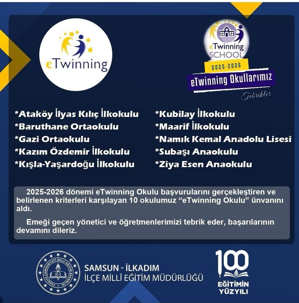 Okulumuz bir kezdaha fark yaratan çalışmalarla Avrupa düzeyinde tanınırlık elde ederek "e-Twinning okulu"olmaya hak kazandı
<a href="/samsunmem/">Samsun İl Milli Eğitim Müdürlüğü</a> <a href="/ilkadimilce_mem/">İlkadım İlçe Milli Eğitim Müdürlüğü</a>  @gnkeklik <a href="/muratagar60/">Murat AĞAR</a> <a href="/zerersoy1/">özer ersoy</a> @feilseil  <a href="/MelekahinCivel1/">Melek Şahin Civelekoğlu</a> <a href="/eminerkan3/">Emine Bayraktar</a> @feilseil <a href="/IlkerSenyer/">Ilker Senyer</a> <a href="/SEDAT_SAGLAM61/">Sedat Saglam</a>