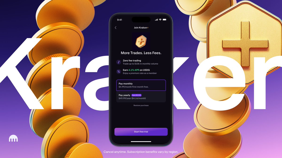 💰 We launched Kraken+ a subscription that pays for itself. Zero trading  fees (up to $10K/mo) & boosted earn rewards—all for $4.99/month. Your first  month of Kraken+ is free — so why