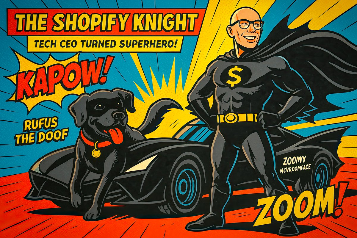 dgrreen's tweet photo. @tobi Every superhero needs a majestic sidekick and an epic ride. We present: The @Shopify Knight, Rufus the Doof &amp; Zoomy McVroomface! Hope you love this tribute, @Tobi! 🚗💨🐕‍🦺” https://t.co/lCwm9iF5Og