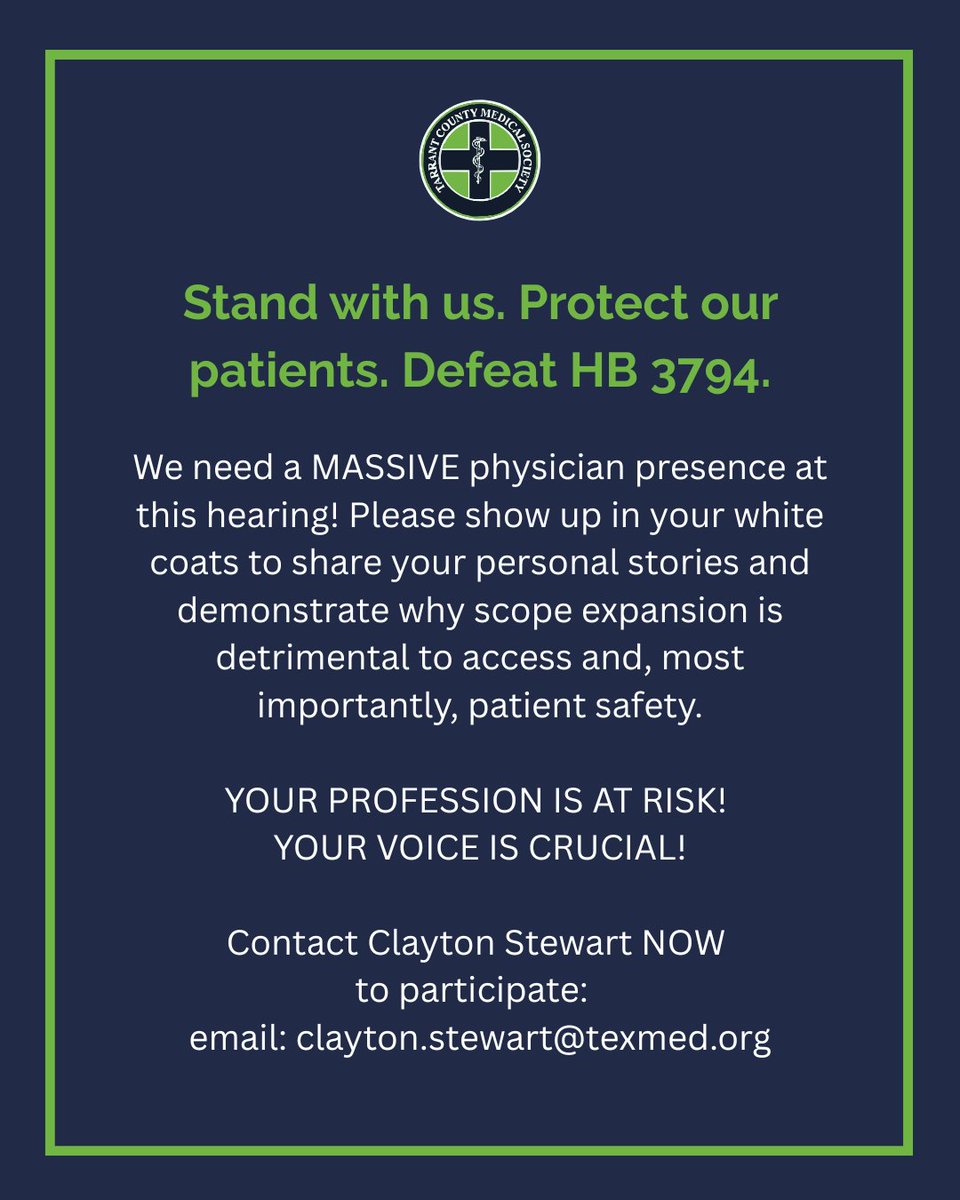 TarrantCountyMS's tweet image. PHYSICIANS ALERT! HB 3794 (Full Scope Expansion) hearing Mon 4/14, 8 AM, House Public Health. Wear white coats &amp;amp; share why expanding scope for APRNs/NPs/CNMs/CRNAs/CNSs risks patient safety. Your profession needs you! #ProtectPatients #ScopeOfPractice 

texmed.org/Scope/