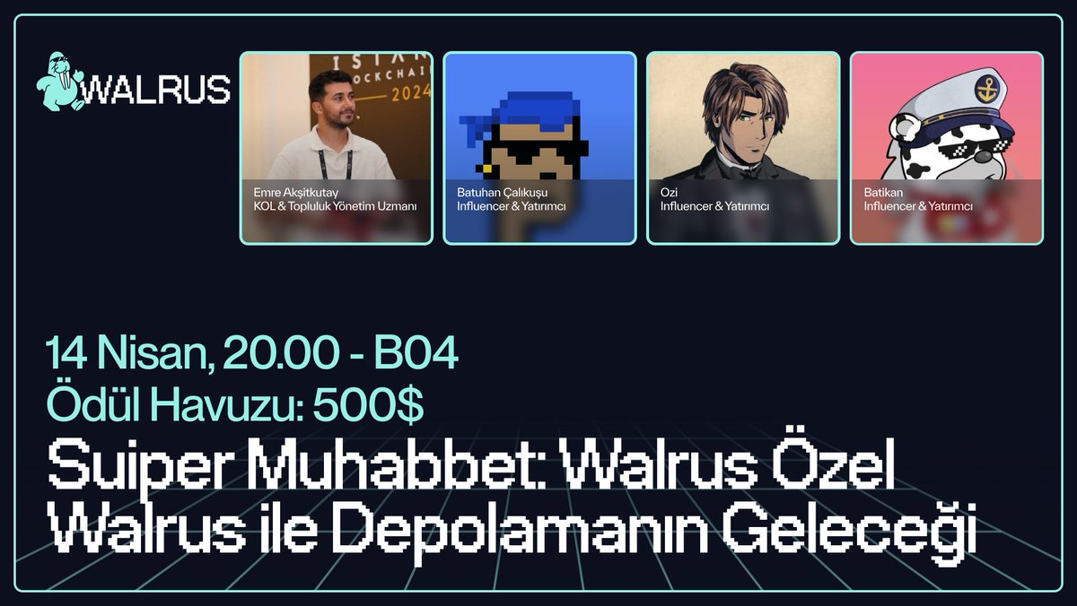 Walrus Türkiye 🇹🇷 (@walrus_turkiye) on Twitter photo Walrus ile depolamanın geleceğini konuşalım!
10 kişi için toplam 500$ değerinde ödül havuzumuz var:
➡️ Beğeni, RT yap ve yorumlarda soru sor!
Suiper Muhabbet: Walrus Özel'in dördüncü bölümünde; <a href="/EmreAksitkutay/">Emre Akşitkutay</a>, <a href="/nuhbatuhann/">Batuhan Çalıkuşu</a>, <a href="/0xOziK/">Ozi aka brrrrrrr 💸</a> ve <a href="/batikaneth/">Batikan.eth</a> ile bir araya geleceğiz. Walrus ile depolamanın geleceğini konuşalım!
10 kişi için toplam 500$ değerinde ödül havuzumuz var:
➡️ Beğeni, RT yap ve yorumlarda soru sor!
Suiper Muhabbet: Walrus Özel'in dördüncü bölümünde; <a href="/EmreAksitkutay/">Emre Akşitkutay</a>, <a href="/nuhbatuhann/">Batuhan Çalıkuşu</a>, <a href="/0xOziK/">Ozi aka brrrrrrr 💸</a> ve <a href="/batikaneth/">Batikan.eth</a> ile bir araya geleceğiz.