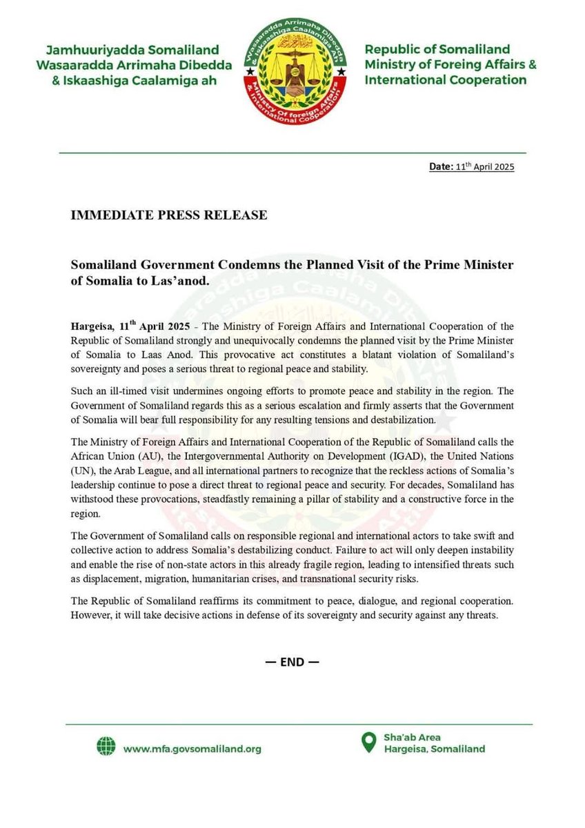 #Somaliland's Ministry of Foreign Affairs and International Cooperation has strongly condemned the #Somali Prime Minister's planned visit to #Laasaanood in the press release below. They described this planned visit as a "provocative act and a blatant violation of Somaliland's