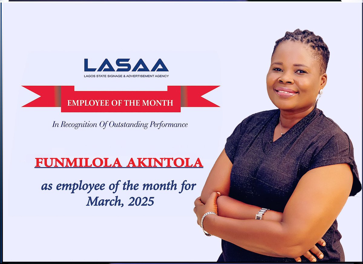 lasaaonline's tweet photo. In the Agency's bid to recognise hardworking staff, the staff of the month has been brought back. In this stead, the above officer (Funmilola Akintola) has been nominated as staff of the month for March, 2025.
#LASAA
#redefiningtheoutdoorenvironment https://t.co/5GpGHv6yh7