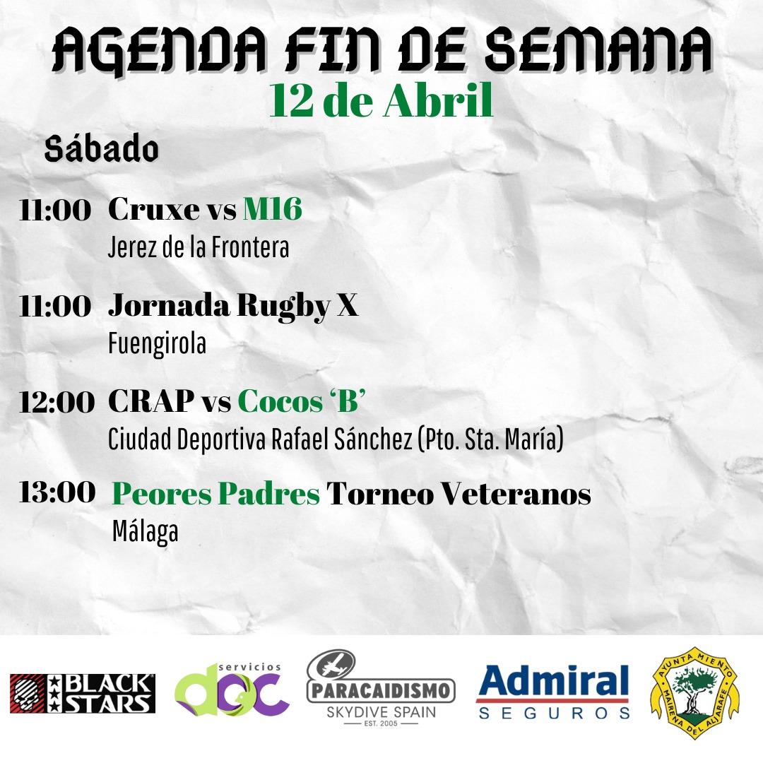 📢 𝗔𝗴𝗲𝗻𝗱𝗮 𝗽𝗮𝗿𝗮 𝗲𝗹 𝗳𝗶𝗻 𝗱𝗲 𝘀𝗲𝗺𝗮𝗻𝗮

Nuestros M16 juegan el Play Out 🙌🏻. Las Cocos 'B' vuelven a competir 🤩. La academia femenina viaja a Fuengirola y nuestros Peores Padres están disfrutones y van a otro torneo.