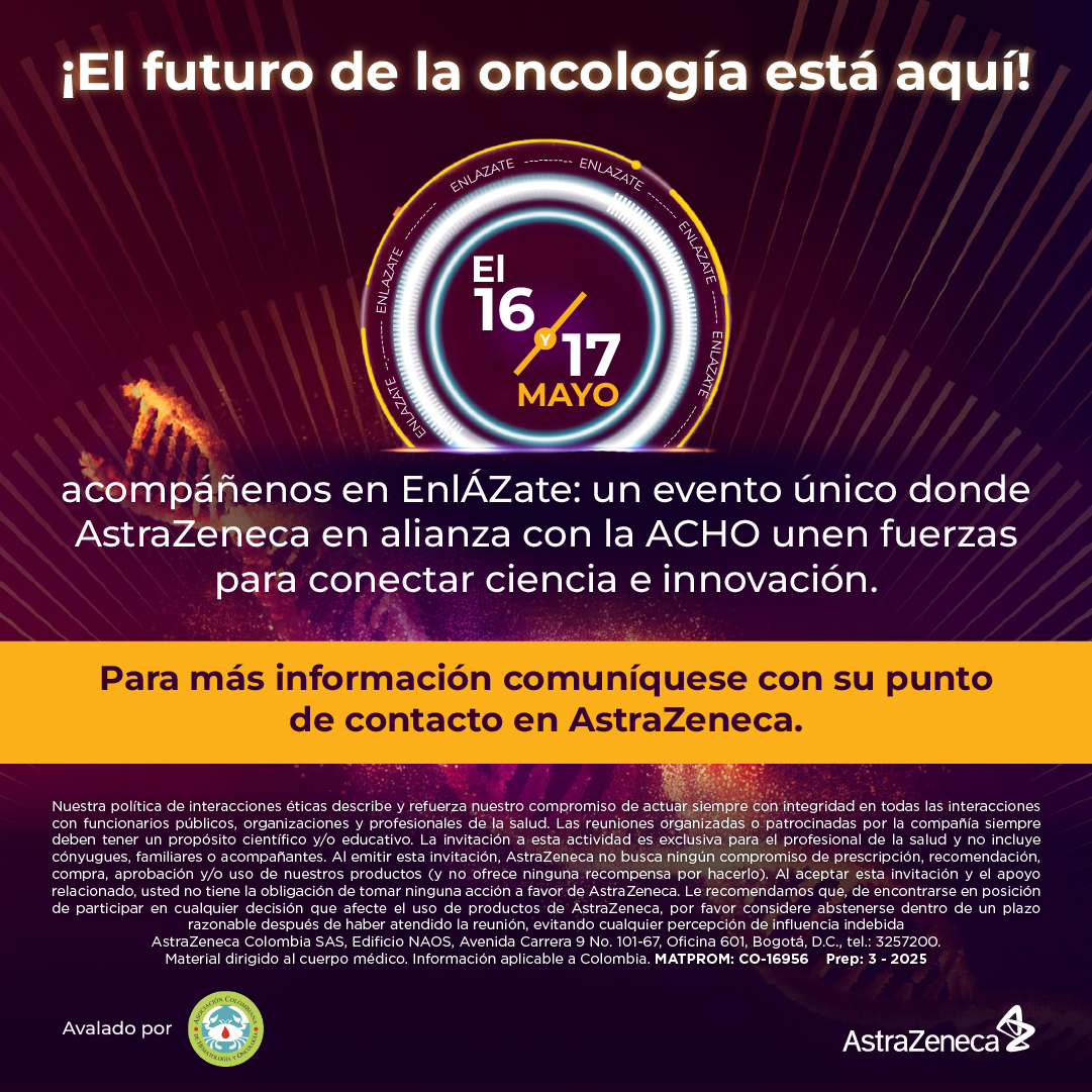 El futuro de la oncología está aquí. El 16 y 17 de mayo, únase a EnlÁZate: un evento único donde la ACHO y AstraZeneca unen fuerzas para conectar ciencia e innovación. Para más información, comuníquese con su punto de contacto en AstraZeneca.