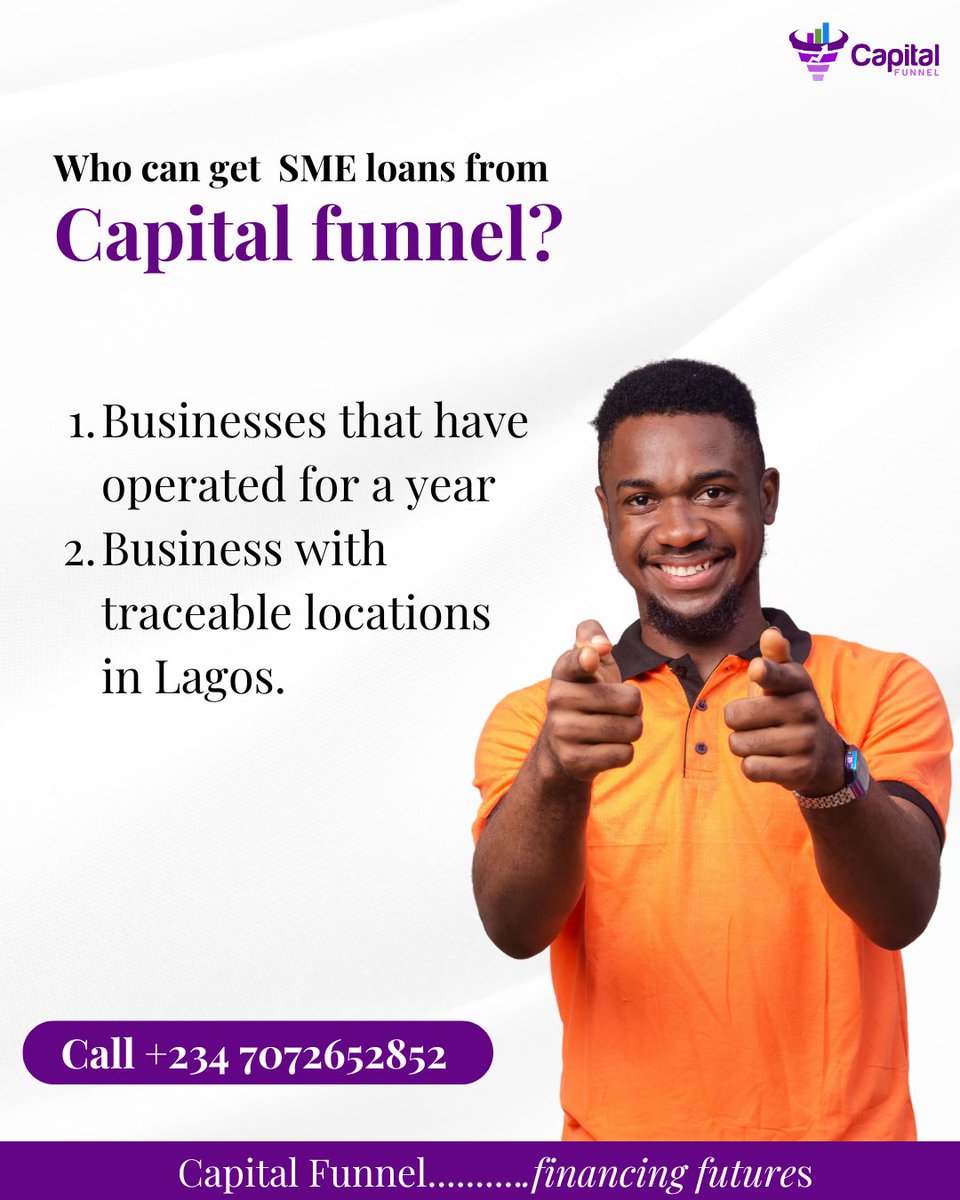Capitalfunnel's tweet photo. Getting a loan to upscale your business just got better!

Whether you have ran your business for 1 year or more with an evidence of location within lagos, you can access our loans with ease. https://t.co/P8DKoqJwqN