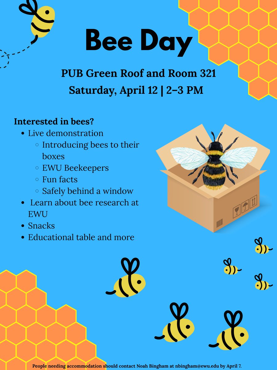 EWU College of STEM (@ewucstem) on Twitter photo 🐝 Bee Day is buzzing in!
Join us Saturday, April 12 from 2–3 PM on the PUB Green Roof and Room 321 for live bee demos, fun facts, research, snacks, and more!
Questions or accommodations? Email nbingham@ewu.edu by April 7th 🐝 Bee Day is buzzing in!
Join us Saturday, April 12 from 2–3 PM on the PUB Green Roof and Room 321 for live bee demos, fun facts, research, snacks, and more!
Questions or accommodations? Email nbingham@ewu.edu by April 7th