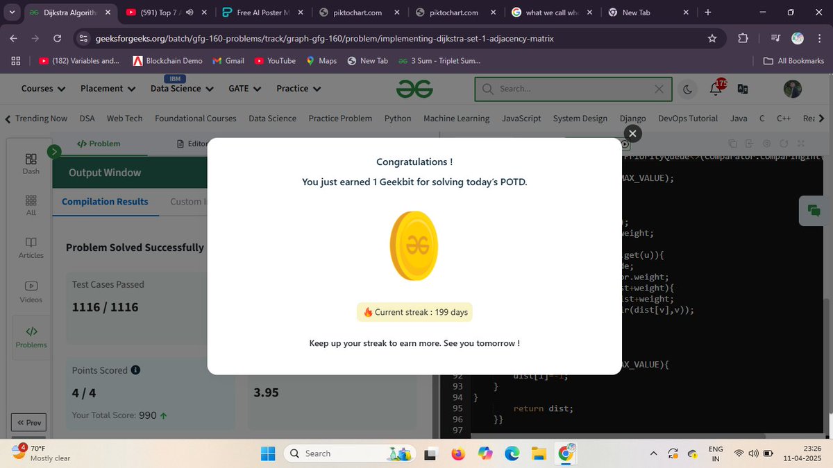 RohanPawar17062's tweet photo. Day 148 of gfg 160 challenge
Problem : Dijkstra Algorithm

#Coding 
#gfg160 #geekstreak2025 #geekstreak2024 https://t.co/rLf3iqPi7n