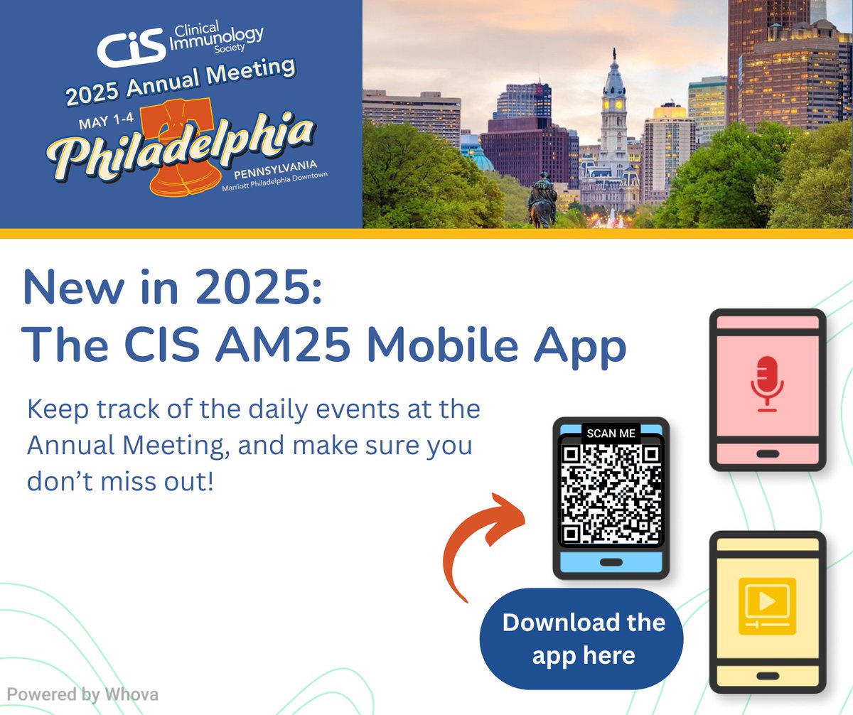CIS (@clinimmsoc) on Twitter photo Whether you're joining us in Philadelphia (May 1-4) or virtually, the Whova app provides easy access to schedules, speaker details, session info, and more.
Questions? Contact us at info@clinimmsoc.org.
đź”— Learn more here: ow.ly/W1N150Vz4yL
#ClinicalImmunology #CISMeeting Whether you're joining us in Philadelphia (May 1-4) or virtually, the Whova app provides easy access to schedules, speaker details, session info, and more.
Questions? Contact us at info@clinimmsoc.org.
đź”— Learn more here: ow.ly/W1N150Vz4yL
#ClinicalImmunology #CISMeeting