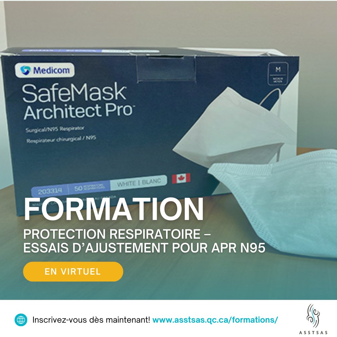 InfosASSTSAS's tweet image. Protection respiratoire – Essais d’ajustement pour APR N95

Cette formation explique le processus d’essai d’ajustement (fit test) et les règles pour bien utiliser les APR de type N95.

Dates : 30 avril, 21 mai et 11 juin de 8h30 à 12h30. Inscription : bit.ly/4hfg8IO.