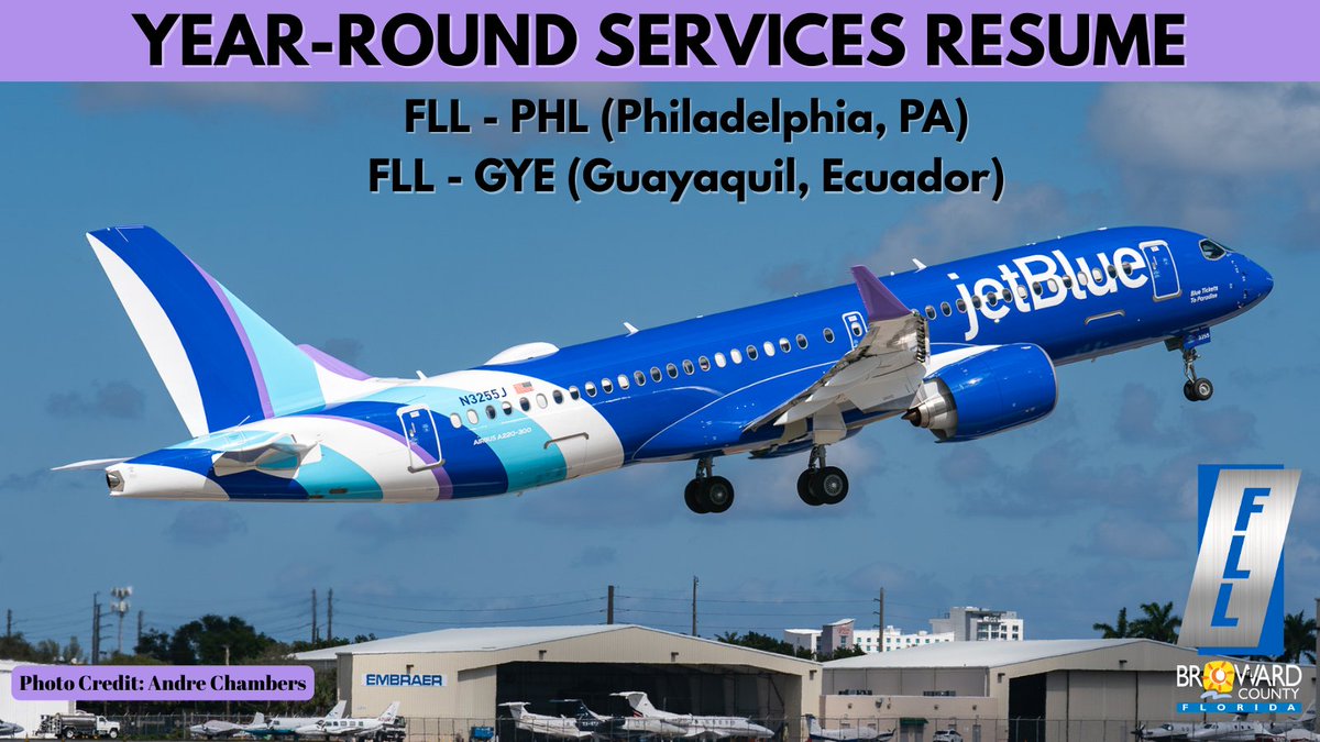 FLLFlyer's tweet photo. More ways to go! Starting this summer, travelers can enjoy two resumed nonstop services with @JetBlue  from #FLL. Flights to Philadelphia, PA (PHL) begin on July 3 and to Guayaquil, Ecuador (GYE), on July 17. Read more: https://t.co/iVfHEFm92Q https://t.co/ljGERo6hZG