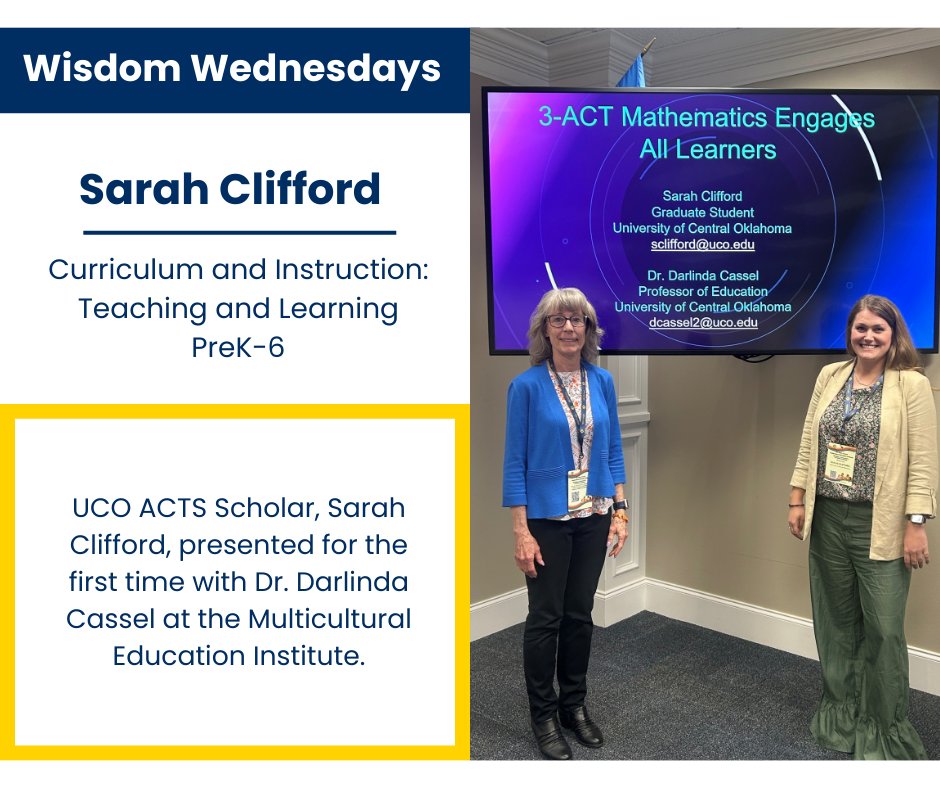 UCO ACTS scholar Sarah Clifford presented at the Multicultural Education Institute with Dr. Darlinda Cassel! She teaches 3rd grade will earn her M.Ed. in Fall 25. Interested in an M.Ed. in Curriculum and Instruction, learn more at uco.edu/jcgs/
#UCOACTS