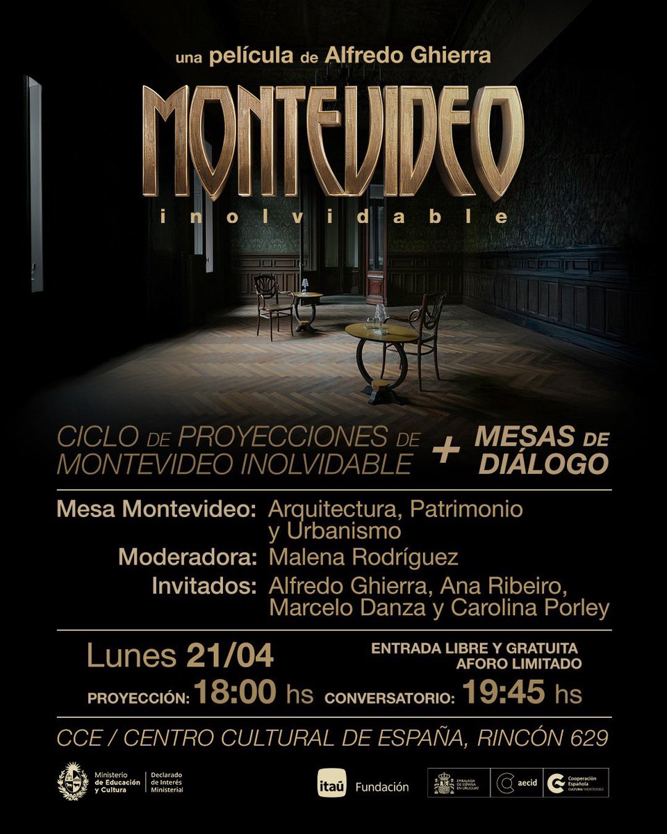 Atención, nos complace invitarlos a este ciclo para seguir reflexionando.

Proyección + MESAS DE DIÁLOGO: Arquitectura, Patrimonio y Urbanismo
Modera: Malena Rodríguez
con Alfredo Ghierra, Ana Ribeiro, Marcelo Danza y Carolina Porley

Lunes 21/04 <a href="/ccemontevideo/">Centro Cultural de España en Montevideo</a> 
Entrada libre.