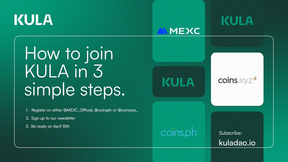 No jargon. No fluff. Here’s how to join the launch of Kula on April 15:

✅ Register on either @MEXC_Official, @coinsph or @coinsxyz_
📰 Sign up to our newsletter
🛒 Be ready on April 15th

Simple as that. ⬇️

🗞️ Sign up: https://t.co/llESnPcVFt
👤 KYC: @MEXC_Official
👤 KYC: @coinsph
👤 KYC: @coinsxyz_