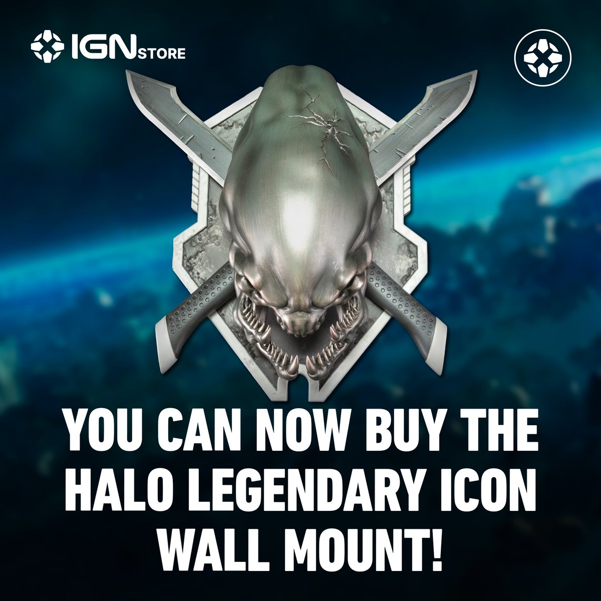 IGN's tweet photo. Prove your Spartan skills with the Halo Legendary Icon Grunt Edition Wall Mount! Featuring an Elite skull and crossed combat knives, this 10" collectible is the ultimate tribute to Halo's toughest setting.

Display your honor—pre-order now: https://t.co/STqd7TgzId https://t.co/qWXycf5P46