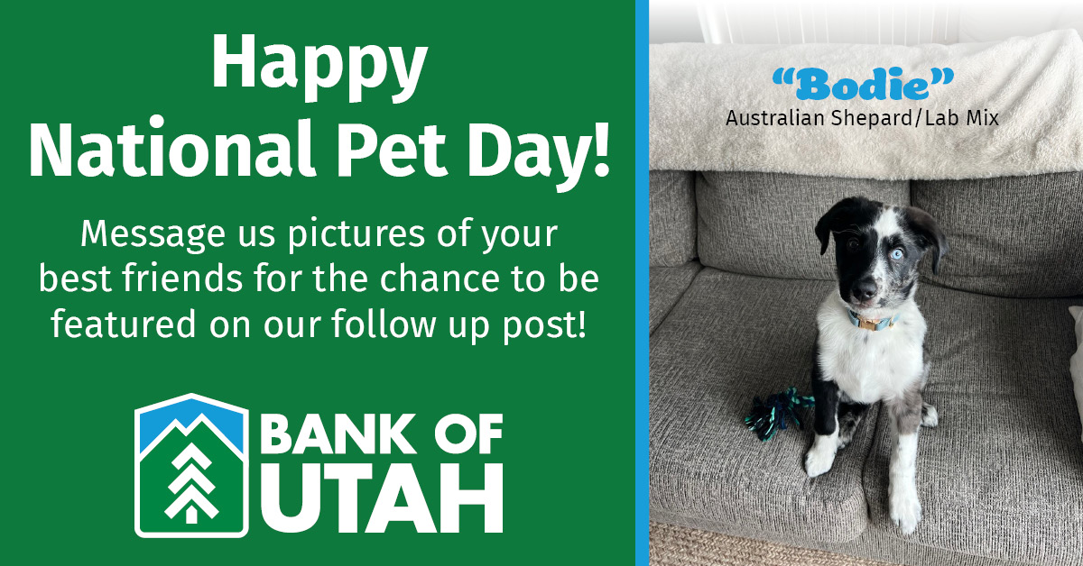 Happy National Pet Day! 🐾

From wagging tails to tiny scales, we want to see your beloved companions! Share a pic of your furry, feathered, or scaly friend with us, and they might be featured in our next post!

#BankOfUtah #BankofUtahPets #NationalPetDay #Family