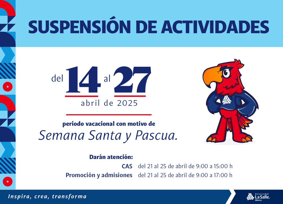 CDHP_LASALLEMX's tweet photo. Suspensión de actividades del 14 al 27 de abril. #LaSalle #Indivisamanent #CDHP #Vacaciones https://t.co/hCyWwafFdE
