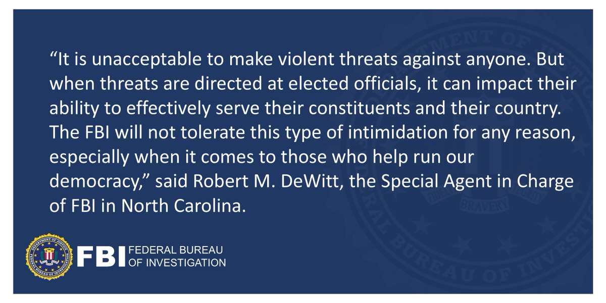 After an #FBI investigation, a man plead guilty to threatening to kill U.S. Senator Thom Tillis and his staff. SAC DeWitt speaks to the FBI's commitment to investigate this type of case. 
justice.gov/usao-ednc/pr/e…