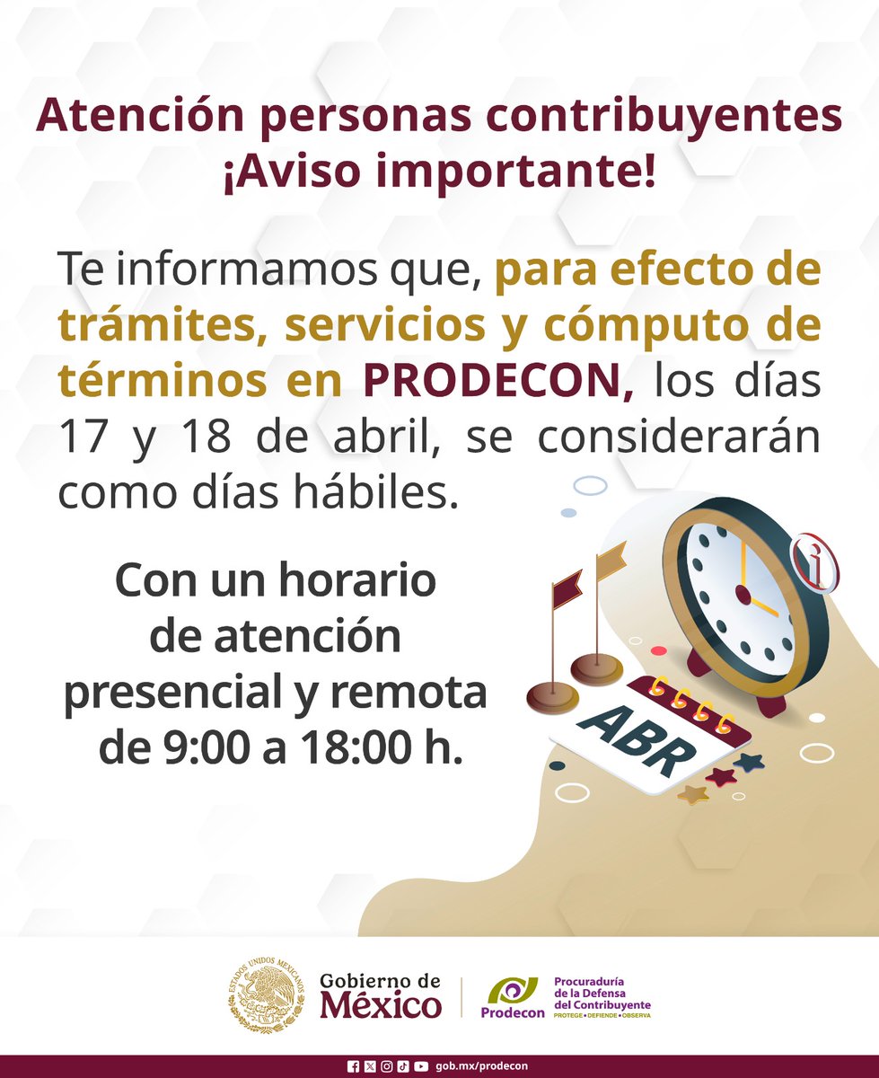 #PRODECONTeInforma

😃 Si sólo puedes acudir a #PRODECON durante el periodo vacacional, ¡esta información te interesa!

📆 Extendimos nuestros horarios de atención para brindarte todas las facilidades y que este año realices oportunamente tu #DeclaraciónAnual 2024, como persona
