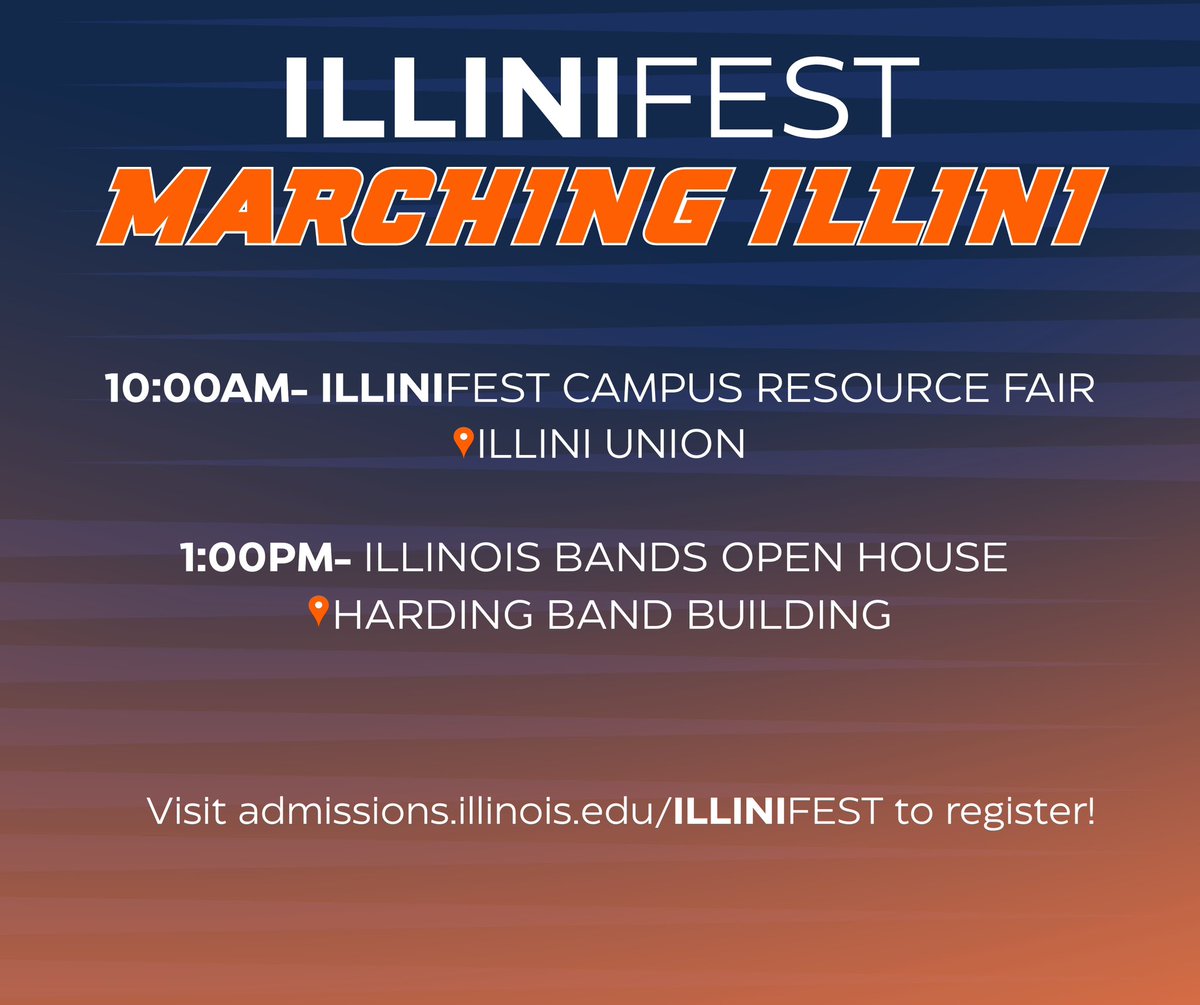Marching Illini (@marchingillini) on Twitter photo We are excited to be part of the <a href="/UofIllinois/">University of Illinois</a> ILLINIFest Admitted Student Day Saturday April 12.
📍Illini Union 10am - 2pm
📍Harding Band Building 1pm
Be sure to register through Admissions and we look forward to seeing you.
#band157 | #illini |#AltogetherExtraordinary We are excited to be part of the <a href="/UofIllinois/">University of Illinois</a> ILLINIFest Admitted Student Day Saturday April 12.
📍Illini Union 10am - 2pm
📍Harding Band Building 1pm
Be sure to register through Admissions and we look forward to seeing you.
#band157 | #illini |#AltogetherExtraordinary