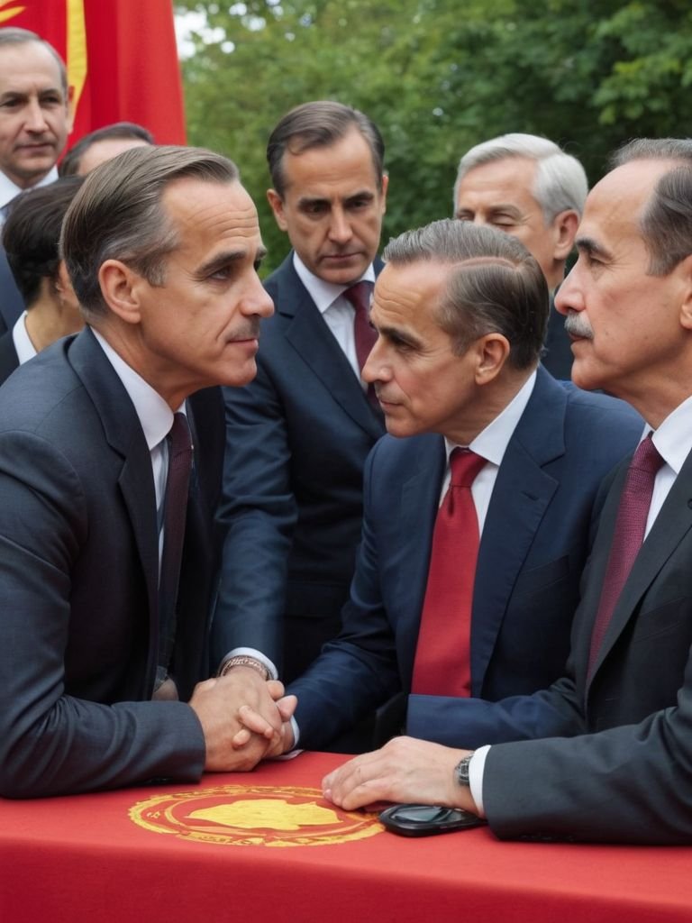 hipcatinthehat's tweet image. I asked #AI to generate a pic of Carney meeting communist leaders as a political joke. This is what it gave me. Now, I&apos;m freaked. They&apos;re all him! 🤯😨 #AIphoto  #thematrixisreal