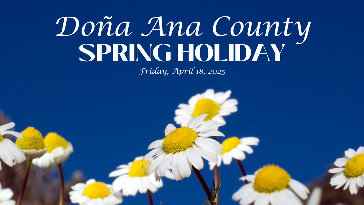 DACinformation's tweet image. Doña Ana County administrative offices will be closed on Friday, April 18, 2025.

Emergency services and law enforcement in the field will not be affected by this closure. We will resume normal business hours on Monday, April 21 at 8:00 a.m.

#Closure #SpringHoliday