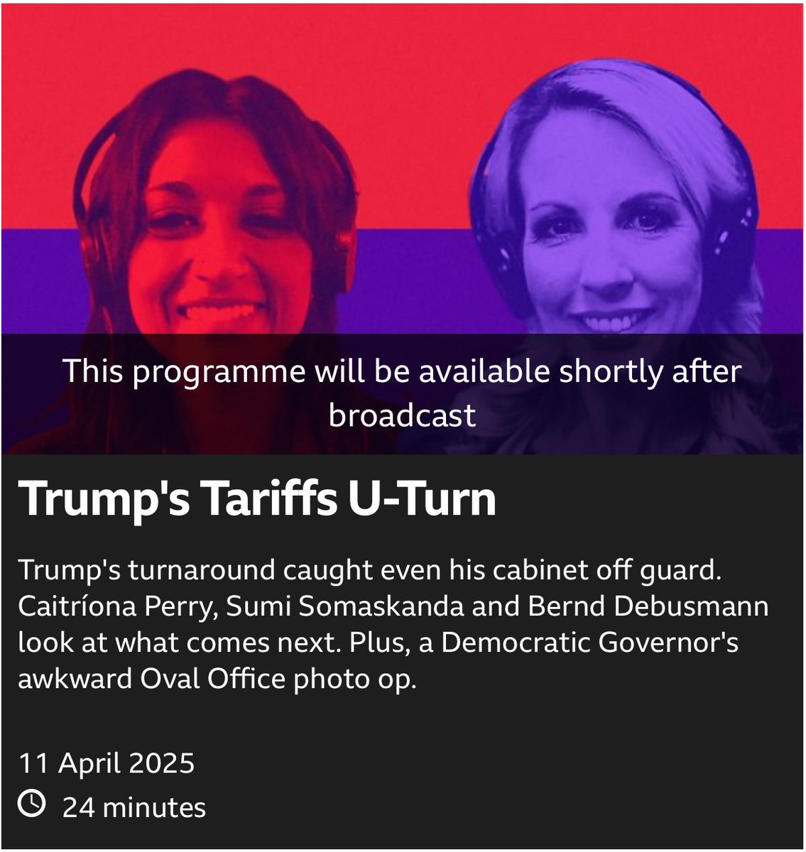 Bernd Debusmann Jr (@berniedebusmann) on Twitter photo It was a very hectic news week at the White House, particularly when news broke of the tariffs shift. Tune into <a href="/BBCWorld/">BBC News (World)</a> tonight at 1830 EST (2230g) to hear about it from <a href="/SumiSomaskanda/">Sumi Somaskanda</a>, <a href="/CaitrionaPerry/">Caitriona Perry</a> and I. It was a very hectic news week at the White House, particularly when news broke of the tariffs shift. Tune into <a href="/BBCWorld/">BBC News (World)</a> tonight at 1830 EST (2230g) to hear about it from <a href="/SumiSomaskanda/">Sumi Somaskanda</a>, <a href="/CaitrionaPerry/">Caitriona Perry</a> and I.
