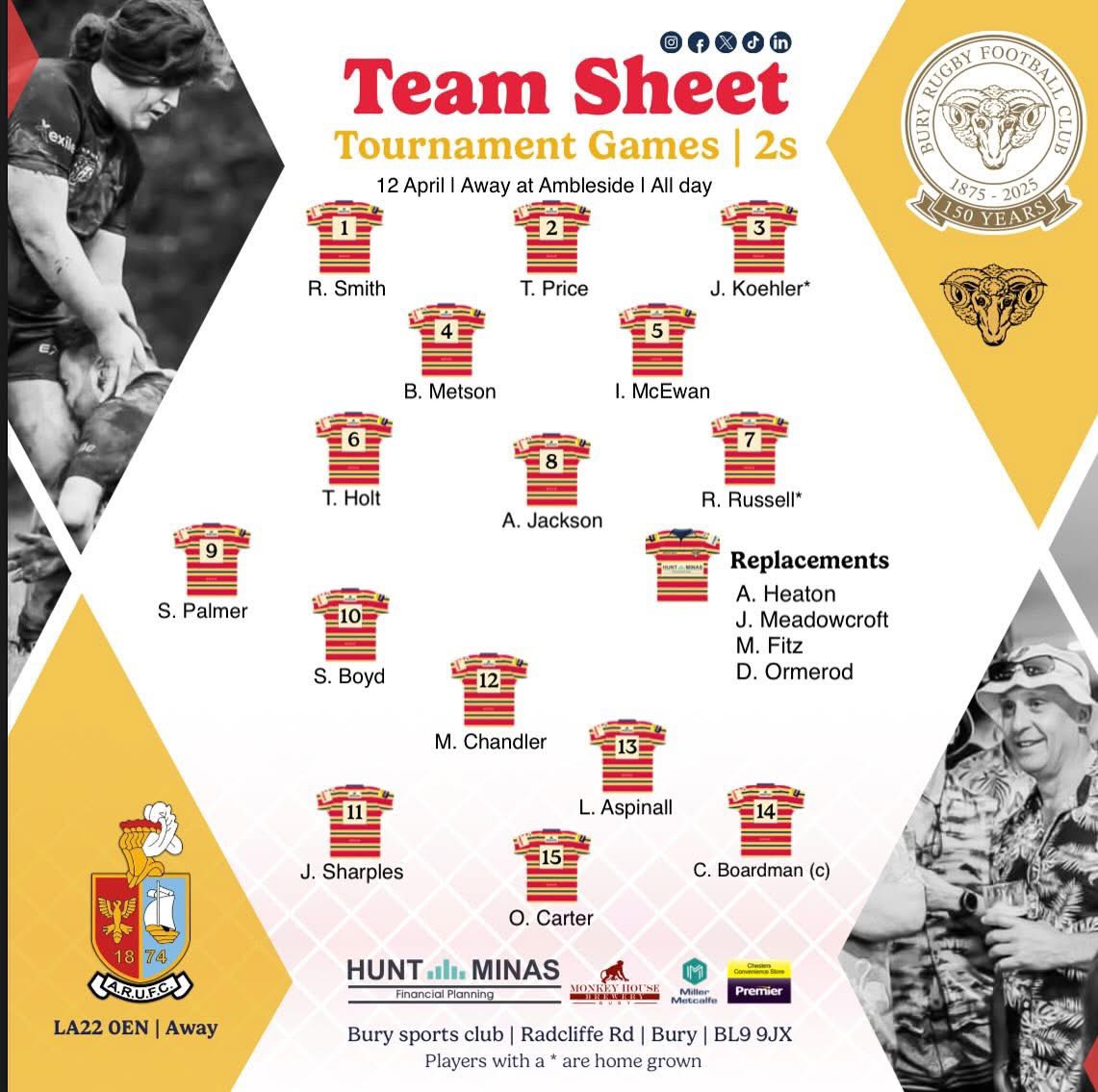 🚨 Team News! 🚨 

Here’s how the teams line up this weekend with the First Team at home to Garstang and the Second Team away at Ambleside. 

All support welcome!

#rugby #rugbyunion #grassrootsrugby #bury