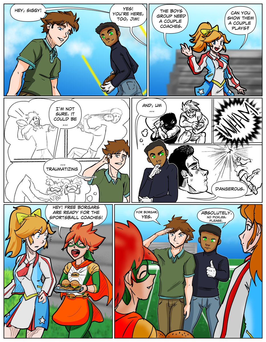 wondercrater's tweet image. Who cares about trival things like head trauma and tackle injuries in football when there are borgers to be had? 

Burgerball comic by me and @mrshilamma featuring Burger Girl, Jim from #Fragmented and Carly and Siggy are from #KamenAmerica