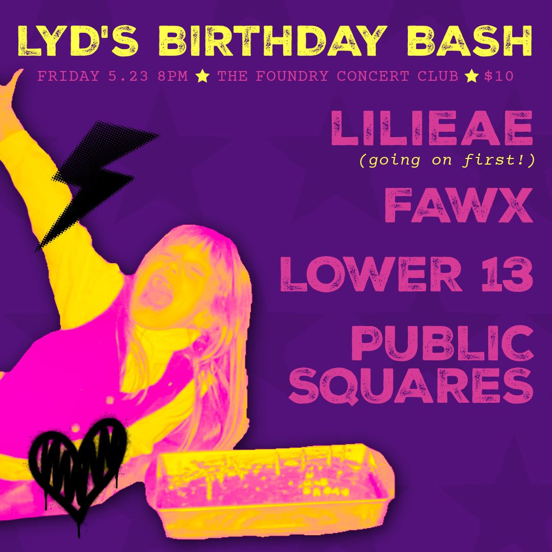 lilieaeband's tweet photo. Come one, come all, to LYD’S BIRTHDAY BASH! Featuring LILIEAE, @fawx_band, @Lower13official &amp; @SquaresPublic 🥳🎉

Save the Date 🗓️
Friday, May 23 
@FoundryCLE 
*LILIEAE plays first at 8pm 👈
Tickets coming soon! 

🎨: Michella Dilworth
#cleveland #livemusic #concert #rock https://t.co/kNg7ni8hmP