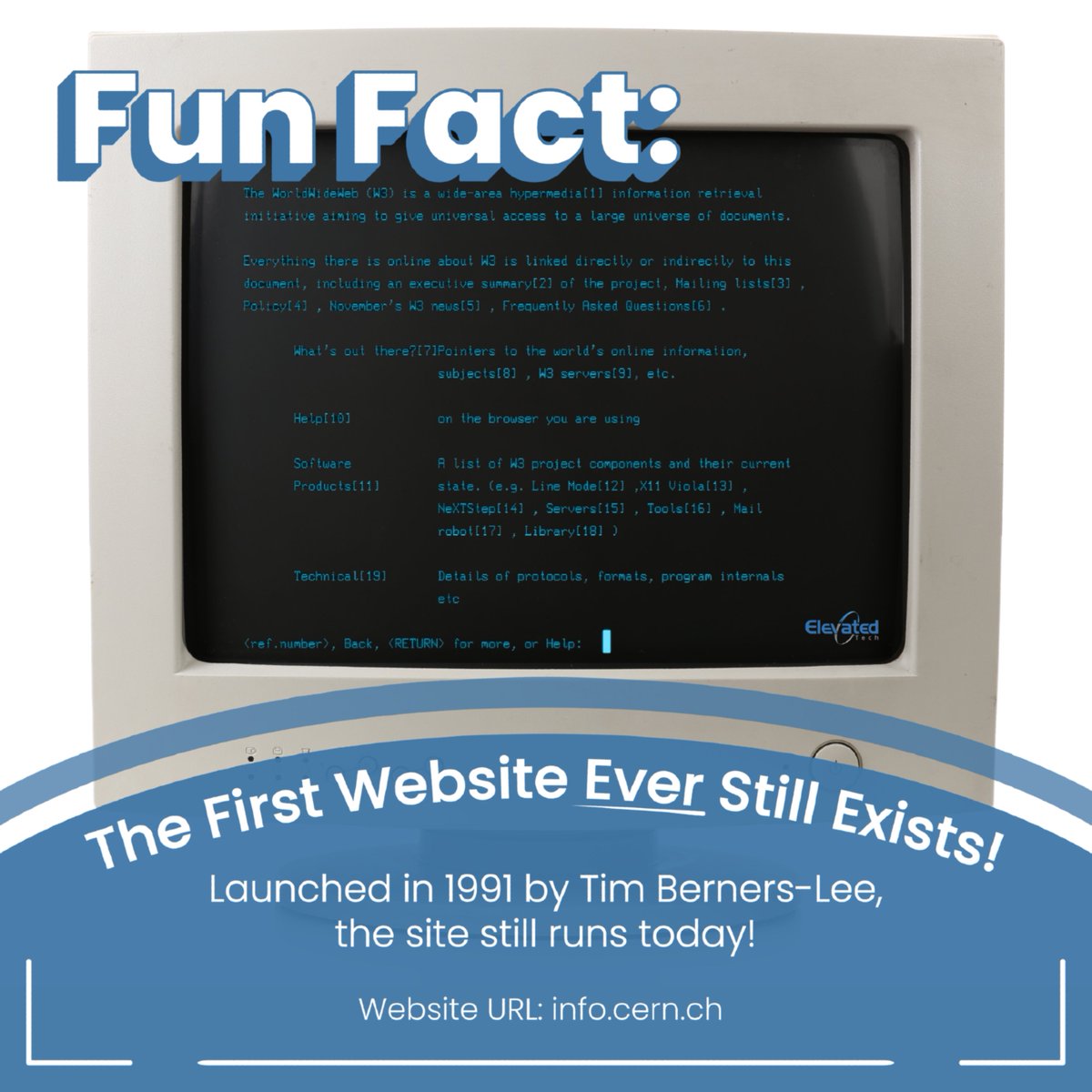 ElevatedTech's tweet image. In 1991, Tim Berners-Lee launched the first webpage at info.cern.ch. It was a basic text page explaining how the World Wide Web works.

Contact us today for some modern IT solutions!
#TechFunFact #Innovation #ElevatedTech