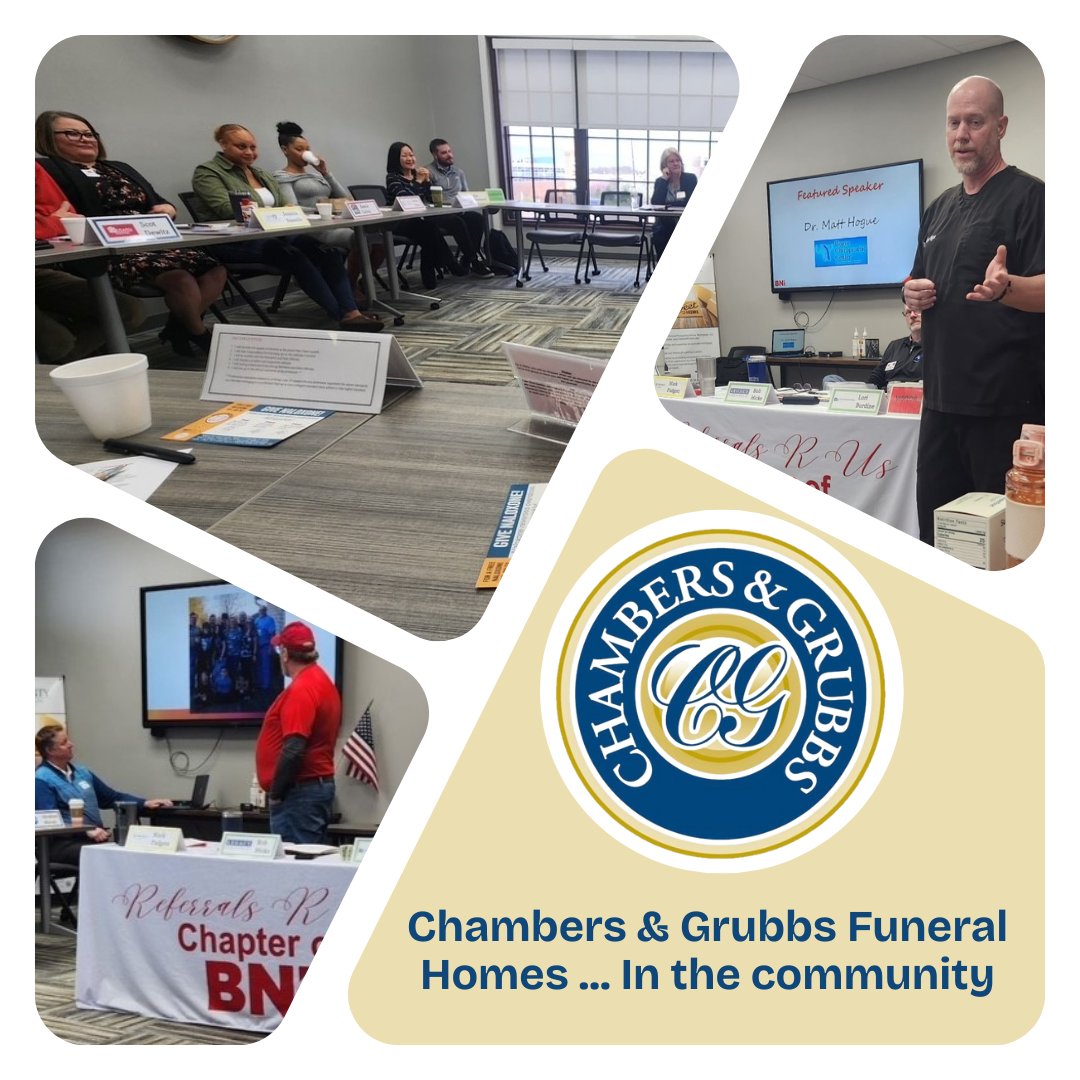 Chambers_Grubbs's tweet photo. Our funeral directors are active in the community. Our President, Chris Grubbs, recently attended a meeting of business professionals through the "Referrals R Us Chapter of BNI." You can learn more about this business networking group on their website: https://t.co/CA4wIziZ3G. https://t.co/mEn9Kr7HXr