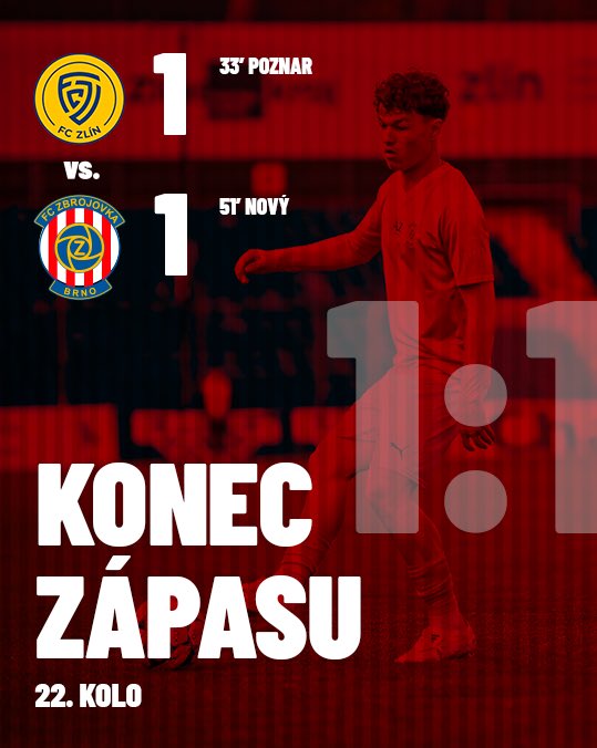 FCZbrojovkaBrno's tweet photo. 🔴⚪🔵 Konec! Díky krásnému gólu Martina Nového si ze Zlína odvážíme bod.

#fczb #zbrojovka https://t.co/PXpw9ILHVy