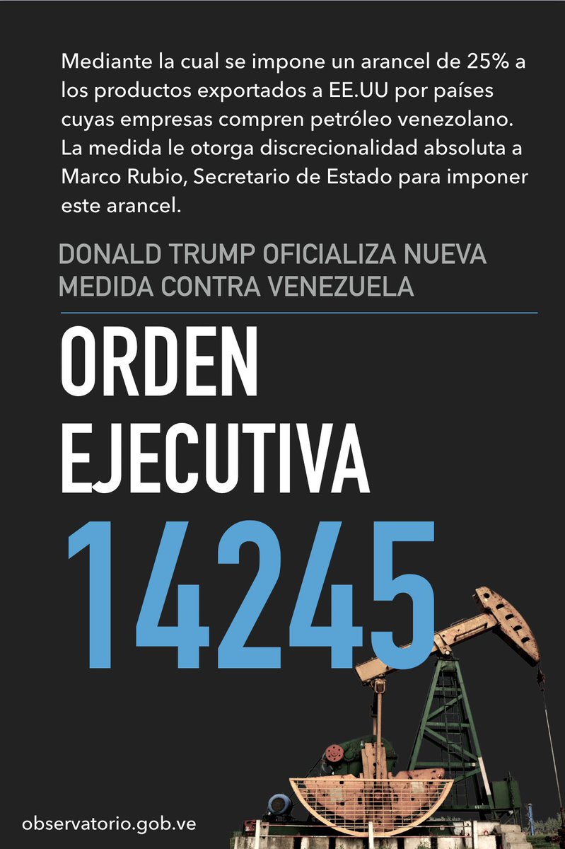 planwac's tweet photo. En fecha 24 de marzo, Donald Trump oficializó una nueva agresión y emitió la OE 14245 que amenaza con imponer aranceles a los países cuyas empresas compren petróleo venezolano.

Las sanciones son un crimen.
Ayúdanos difundir. https://t.co/d3B4eKHXjq