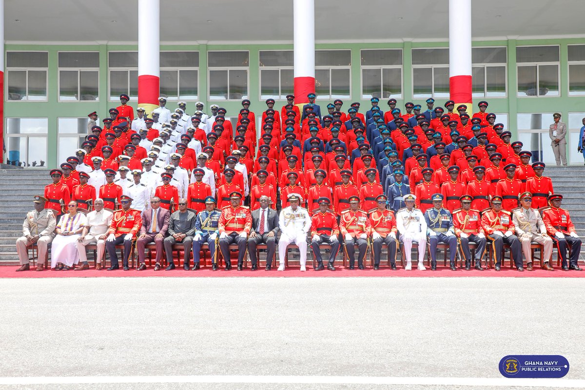 Ghana_Navy's tweet photo. The President of the Republic and Commander in Chief of the Ghana Armed Forces, His Excellency John Dramani Mahama arrived at the Ghana Military Academy, clad in a magnificent naval ceremonial uniform, for the 2025 Ghana Military Academy Graduation Parade. https://t.co/FZH8OJTEUv