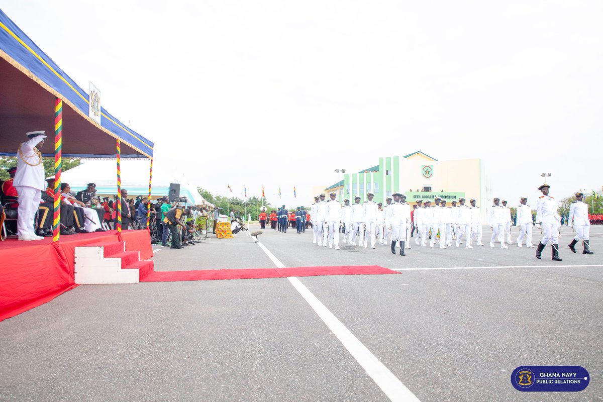 Ghana_Navy's tweet photo. The President of the Republic and Commander in Chief of the Ghana Armed Forces, His Excellency John Dramani Mahama arrived at the Ghana Military Academy, clad in a magnificent naval ceremonial uniform, for the 2025 Ghana Military Academy Graduation Parade. https://t.co/FZH8OJTEUv