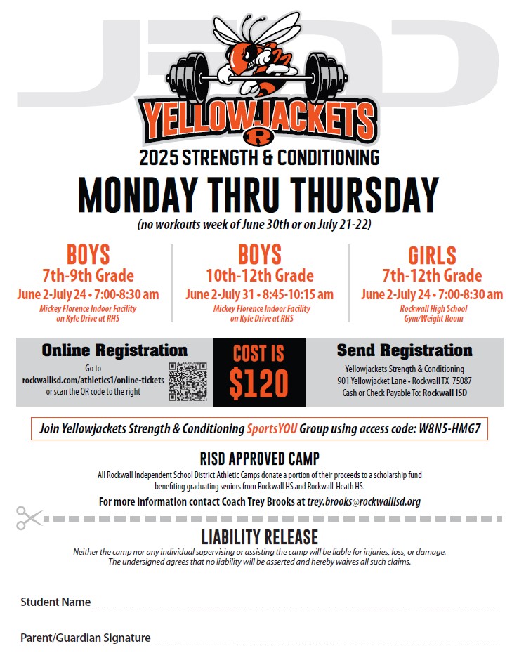YELLOWJACKET STRENGTH AND CONDITIONING '25

We've got sessions for ALL incoming 7th-12th grade boys and girls!

You can pay online through the link or in person by cash or check made out to Rockwall ISD.
rockwallisd.com/athletics1/onl…