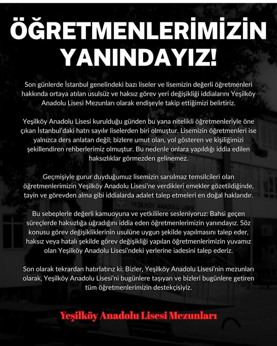 ÖĞRETMENLERİMİZİN VE OKULLARIMIZIN SONUNA KADAR YANINDAYIZ!

<a href="/YesilkoyAL/">Yeşilköy Anadolu Lisesi</a>