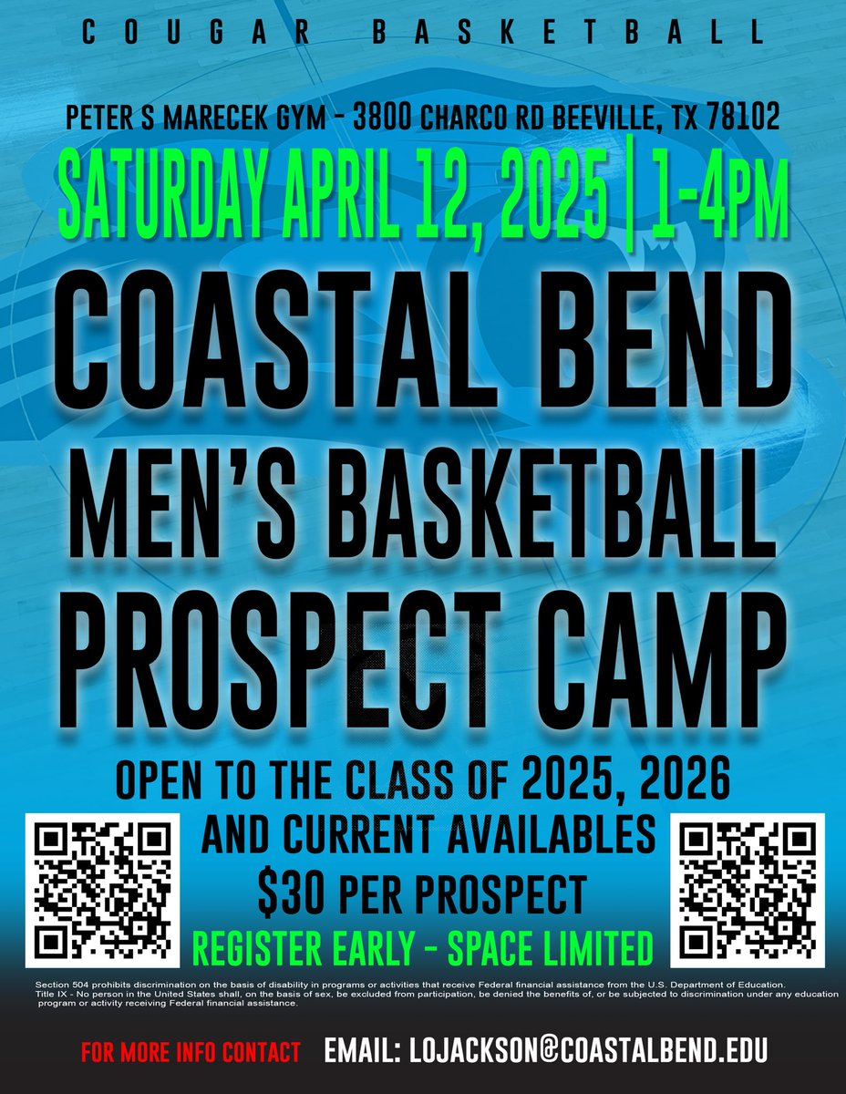 Coastal Bend College MBB (@coastalbendmbb) on Twitter photo One more day until our Prospect Camp. Register with the QR Code below. Space is limited. One more day until our Prospect Camp. Register with the QR Code below. Space is limited.