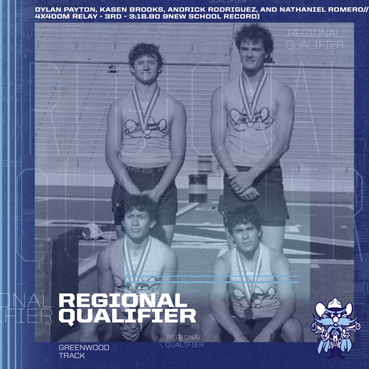 GreenwoodAth's tweet photo. DYLAN PAYTON, KASEN BROOKS, ANDRICK RODRIGUEZ, and NATHANIEL ROMERO delivered a thrilling 4x400m relay finish, clocking in at 3:18.80 to take 3RD and break the SCHOOL RECORD! They'll be moving on to REGIONALS! https://t.co/mfTHdadg3t