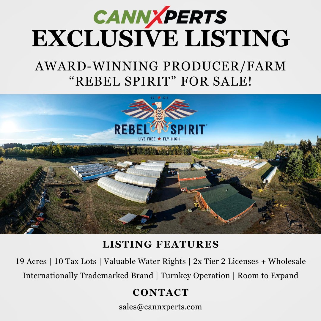 FOR SALE: Award-Winning Cannabis Brand &amp; Farm - Rebel Spirit

Own a piece of Oregon cannabis history! 
Located in Lane County, this 19-acre turnkey farm features:

✅ 2x OLCC Tier 2 licenses
✅ Internationally trademarked brand
✅ Valuable water rights
✅ 10 tax lots with