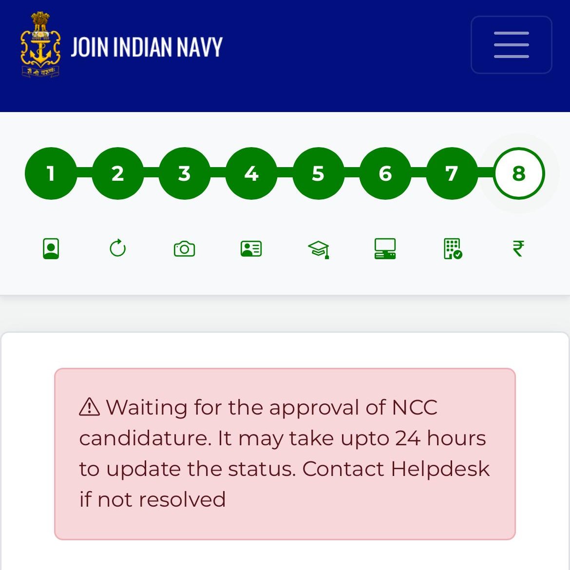 jatinudayan33's tweet photo. Respected @indiannavy, @IndianNavyme
I applied for Agniveer (SSR) on 7 Apr 2025 with provisional NCC ‘C’ certificate. Status still shows “Waiting for approval of NCC candidature.” Kindly help.

Reg No: 8587016439  
#Agniveer #IndianNavy #NCC https://t.co/VtO4sqNuG1