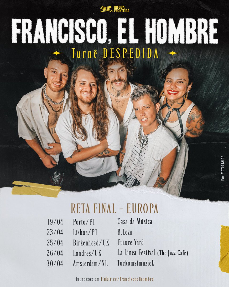 RETA FINAL: EUROPA! Estão chegando os últimos 5 shows dessa despedida:

19/4Porto/PT - Casa da Música
23/4 Lisboa/PT - B.Leza
25/4 Birkenhead/UK - Future Yard
26/4 Londres/UK - La Linea Festival (Jazz Cafe)
30/4 Amsterdam/NL - Toekomstmuziek

Ingressos em linktr.ee/franciscoelhom…