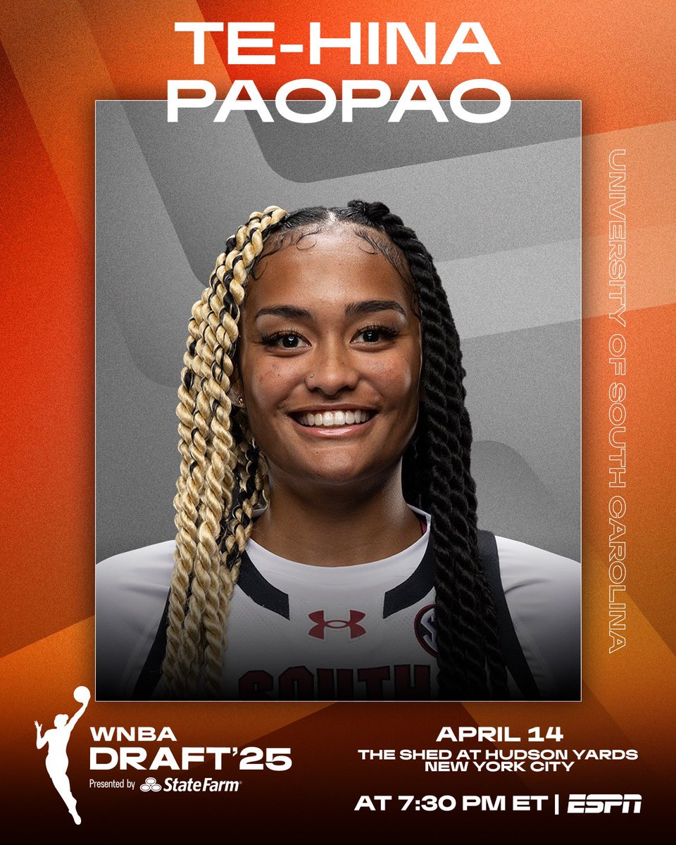 From Columbia, SC to <a href="/TheShedNY/">The Shed</a>🗽

Te-Hina Paopao is officially invited to the 2025 #WNBADraft presented by <a href="/StateFarm/">State Farm</a>.

📺  Tune in April 14 at 7:30pm/ET on ESPN to see where her next chapter begins!