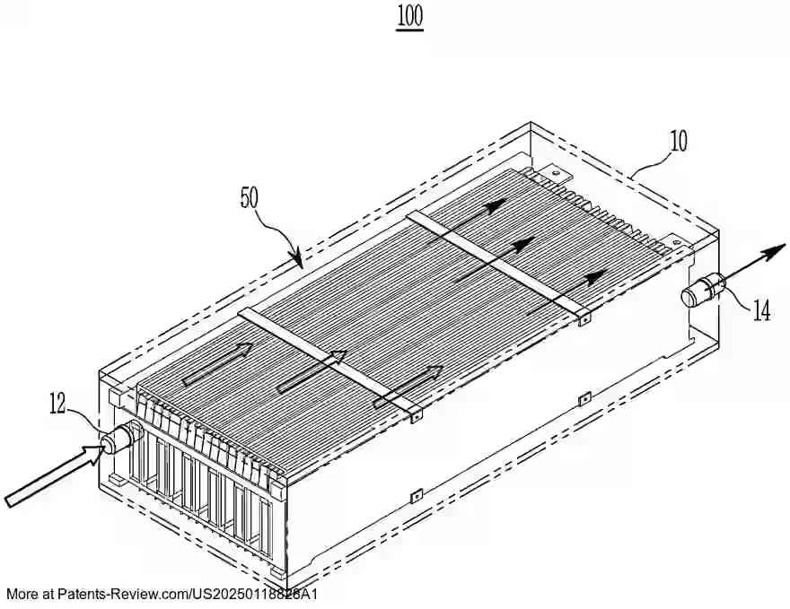 PatentPulse's tweet image. New patent application #US20250118828A1 by #Hyundai introduces a #BatteryModule cooling structure. It features a housing with cooling channels guiding liquid between cells, enhancing thermal management. Stay tuned for innovations in #EV tech! #Hyundai $HYMTF #Automotive