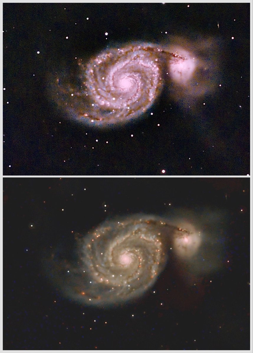 Amazing the difference a few hours can have… bottom image is the result of pointing the scope &amp; camera at the Whirlpool Galaxy for 8 hours, the top picture after 21 hours shows much more detail 
Imaged from NE London over 1-3 nights, even with a bright moon. 
#astrophotography